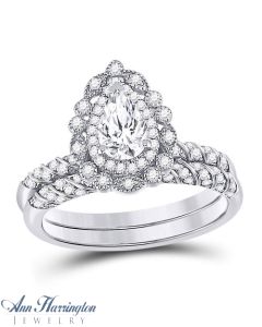 14k White Gold 1 1/3 ct tw Pear Shape and Round Diamond Antique Style Halo Engagement and Wedding Ring Set