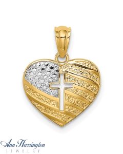 14K Yellow Gold and Rhodium 17x13 mm US Flag With Cross Heart Pendant