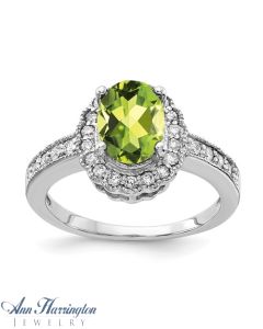 14k White Gold 1/4 ct tw Diamond and 8x6 mm Oval Cut Genuine Peridot Vintage Style Ring
