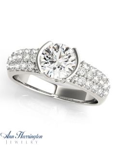 14k White Gold 5/8 ct tw Diamond Pave Engagement Semi Bezel Ring, 6.5 mm Round Semi Setting