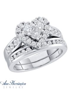 14k White or Yellow Gold 1 ct tw Round Diamond Antique Style Heart Shaped Halo Engagement and Wedding Ring Set, E2553