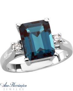14k White Gold 10x8 Emerald Cut Genuine London Blue Topaz And 1/10 ct tw Diamond Ring