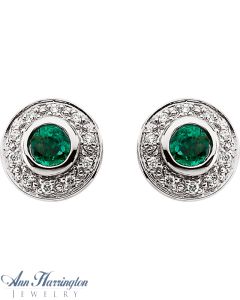 14k White Gold 3.5 mm Genuine Emerald and 1/10 ct tw Diamond Bezel Earrings
