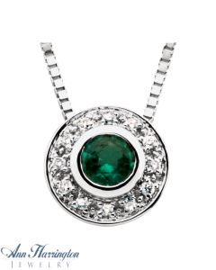 14k White Gold 4 mm Genuine Emerald and .06 ct tw Diamond Bezel Necklace