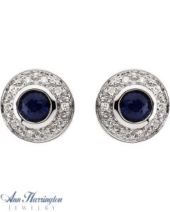 14k White Gold 3.5 mm Genuine Blue Sapphire And 1/10 ct tw Diamond Bezel Earrings