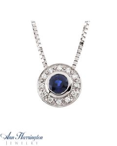 14k White Gold 4 mm Genuine Blue Sapphire And .06 ct tw Diamond Bezel Necklace