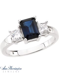 14k White Gold 7x5 Emerald Cut Genuine Blue Sapphire And 1/2 ct tw Diamond Ring
