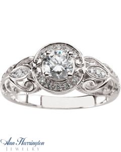 14k White Gold 1/10 ct tw Diamond Antique Style Engagement Ring, 4.4 mm Round Semi Setting