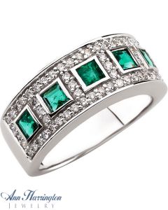 14k White Gold Genuine Emerald and 3/8 ct tw Diamond Vintage Ring, F2801