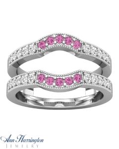 14k White, Yellow Gold or Platinum 1/4 ct tw Diamond and Genuine Pink Sapphire Antique Style Ring Guard