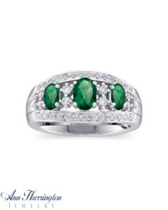 14k White Gold 1/3 ct tw Diamond and 6x4, 5x3 mm 3 Stone Genuine Emerald Vintage Style Anniversary Band