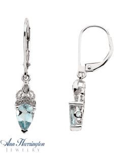 14k White Gold .04 ct tw Diamond and 8x5 mm Pear Shape Genuine Aquamarine Vintage Style Earrings, F4910