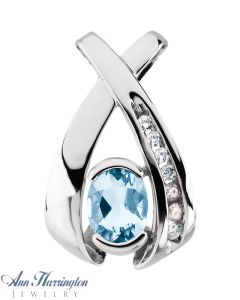 14k White Gold .08 ct tw Diamond and 7x5 mm Oval Shape Genuine Aquamarine Pendant