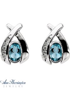 14k White Gold 1/10 ct tw Diamond and 6x4 mm Oval Shape Genuine Aquamarine Earrings
