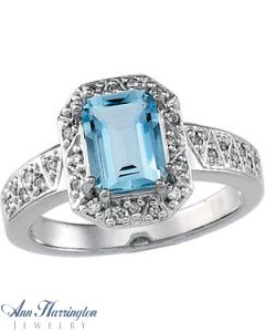14k White Gold 1/6 ct tw Diamond and 8x6 mm Emerald Cut Genuine Aquamarine Vintage Style Ring, F5298