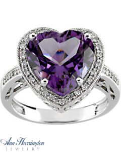 14k White Gold 1/6 ct tw Diamond and 12x12 mm Genuine Heart Shape Amethyst Antique Style Ring, F566HA