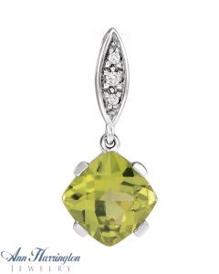 14k White Gold .02 ct tw Diamond and 7x7 mm Cushion Cut Genuine Peridot Pendant