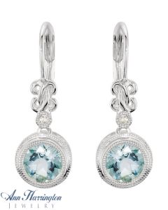 14k White Gold .02 ct tw Diamond and 6 mm Genuine Aquamarine Vintage Style Earrings