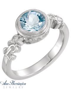 14k White Gold .02 ct tw Diamond and 7 mm Genuine Aquamarine Vintage Style Ring