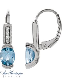14k White Gold .08 ct tw Diamond and 7x5 mm Oval Genuine Aquamarine Earrings