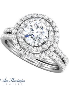 14k White Gold 5/8 ct tw Diamond Double Halo Antique Style Semi Mount Ring, 5.8-6.5 mm (for 3/4, 1 & 1 1/2 ct) Round Setting 