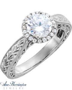 14k White Gold 1/8 ct tw Diamond Halo Engraved Engagement Ring, 6.5 mm (for 1 ct ) Semi Setting