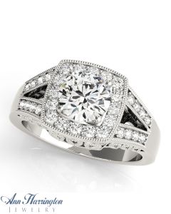 14k White Gold 1/3 ct tw Diamond Antique Style Semi Mount Ring, 7 mm Round Setting