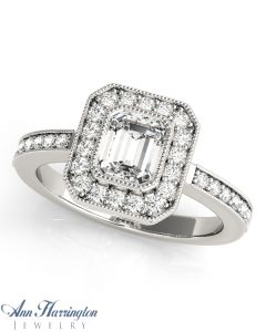 14k White Gold 1/3 ct tw Diamond Antique Style Ring, 5x4 mm Emerald Cut Semi Setting