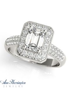 14k White Gold 3/8-1/2 ct tw Diamond Antique Style Halo Ring, 5x3, 6x4, 7x5, 9x7,10x8 & 11x9 mm Emerald Cut Semi Setting 