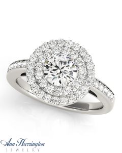 14k White Gold 3/8 & 3/4 ct tw Diamond Double Halo Antique Style Semi Mount Ring, 4.2 & 5.8 mm Round Setting