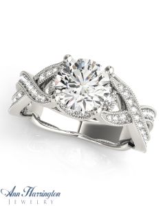14k White Gold 3/8 ct tw Diamond Antique Style Engagement Ring, 6.5 mm Round Semi Setting, H3891