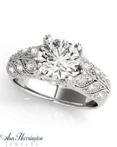 14k White Gold 1/5 ct tw Diamond Antique Style Engagement Ring, 7.4 mm Round Semi Setting