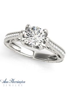14k White Gold 1/4 ct tw Diamond Vintage Style Engagement Ring, 6.5 mm Round Semi Setting