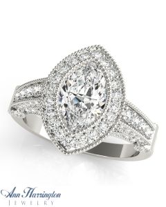 14k White Gold 3/4 ct tw Diamond Vintage Style Halo Ring, 9x5.5 mm Marquise Semi Setting