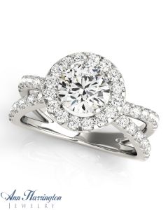 14k White Gold 7/8 ct tw Diamond Halo Semi Mount Split Shank Round Ring Mounting