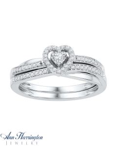 14k White or Yellow Gold 1/4 ct tw Round Diamond Antique Style Heart Shaped Halo Engagement and Wedding Ring Set, J7174