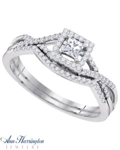 14k White or Yellow Gold 1/3 ct tw Princess Diamond Antique Style Halo Engagement and Wedding Ring Set, J9206