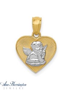 14k Yellow Gold and White Rhodium 11.7x12.5 mm Guardian Angel in Heart Pendant