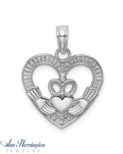 14k White Gold 15x15 mm Heart Claddagh Charm