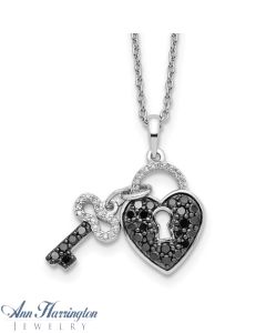 Sterling Silver 1/2 ct tw Black and White Diamond Heart Lock and Key Pendant Necklace