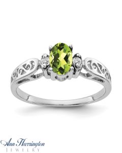 14k White Gold .04 ct tw Diamond 6x4 mm Oval Cut Genuine Peridot Filigree Ring