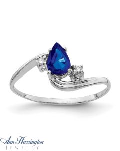 14k White Gold 6x4 mm Pear Cut Genuine Blue Sapphire and .03 ct tw Diamond Ring