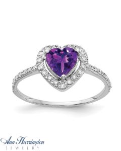 14k White Gold .14 ct tw Diamond and 6 mm Heart Shape Genuine Amethyst Vintage Style Halo Ring