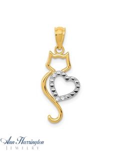 14k 2-Tone Gold 19x9.5 mm Cat and Heart Pendant
