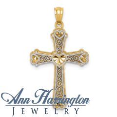14k 2-Tone Gold 33x19 mm Vintage Scrolls and Hearts Cross Pendant
