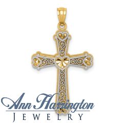 14k 2-Tone Gold 33x19 mm Vintage Scrolls and Hearts Cross Pendant